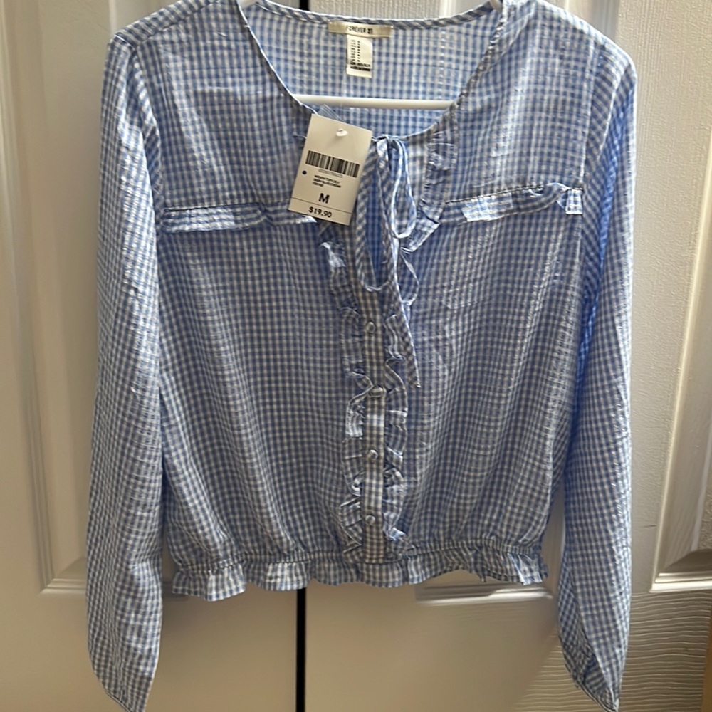 Forever21 blue gingham button down blouse size medium nwt